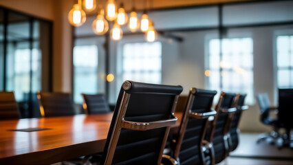 A row of empty black leather office chairs at a large wooden conference table in a modern meeting room with a chandelier and windows