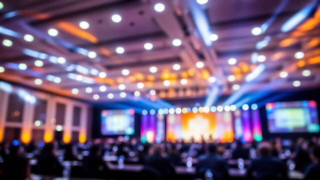 Blurry large auditorium with people sitting at tables under colorful stage lights and ceiling lights in a conference or event space with screens