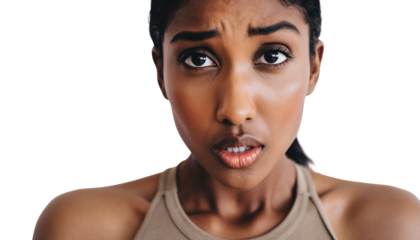 Concerned young adult woman in a studio portrait, looking directly at camera.