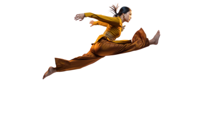 Dynamic leap of a graceful female dancer performing on a stark black background