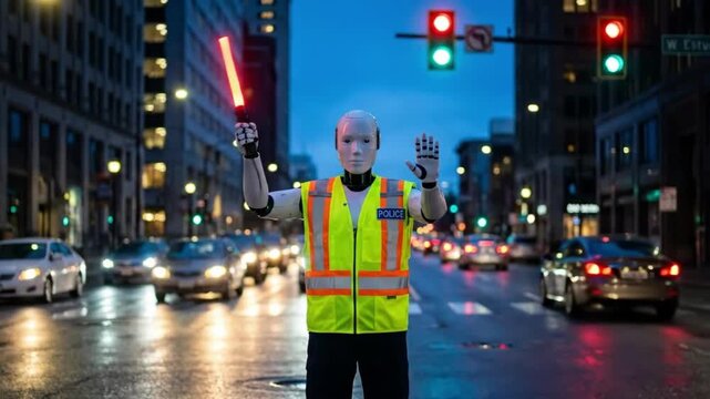 Cinematic 4K Humanoid Robot Police Officer Directing Evening Traffic on Wet City Street at Blue Hour.