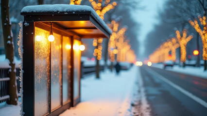 Cozy festive winter frozen bus stop sign with warm holiday lights and falling snow