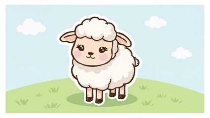 Adorable sheep in a grassy field with a blue sky and clouds, cute cartoon style, perfect for children's content or farm-themed illustrations.