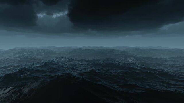 Looping 3D animation of a dark ocean storm with powerful waves, dramatic lighting, and dynamic water motion.