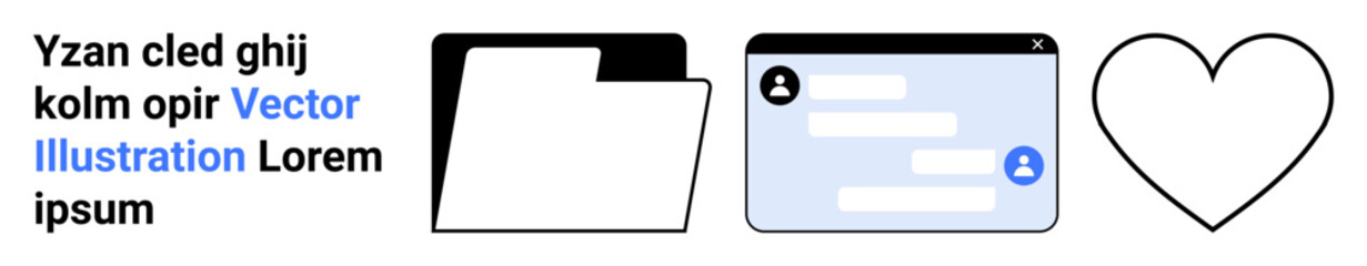 Fototapeta premium Communication, organization, connection, data storage, messaging, user interface. A file folder, chat window and heart shape icons. Communication and data storage concepts