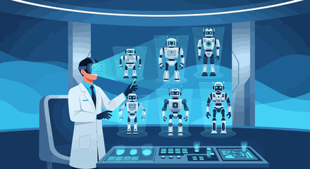 Virtual reality robotics: A scientist controls robots in a futuristic digital environment using vr