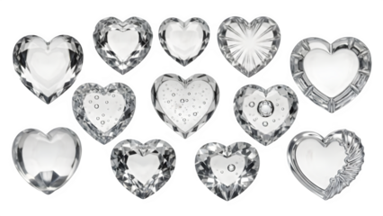 Collection of Crystal Heart Shapes on Transparent Background
