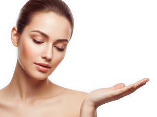 Beautiful young woman with open palm presenting skincare product or service with gentle expression
