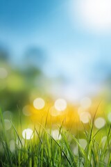 Obraz premium Bright summer morning with dewy grass and sunlit sky