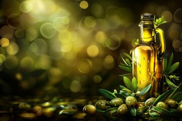 Olive oil in glass vessel, basil and olives on dark background with bokeh