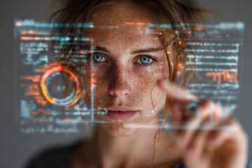 Woman interacting with a digital interface displaying data and information in a modern setting