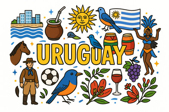 Uruguay Cultural Icons Vector Illustration with Coastline, Tradition and National Elements