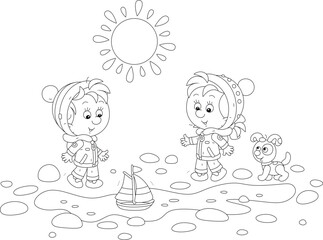 Happy little boy and girl with their puppy playing with a small toy boat in a melting ice puddle on a sunny spring day, black and white outline vector cartoon illustration for a coloring book