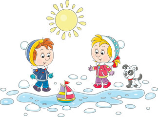 Happy little boy and girl with their puppy playing with a small toy boat in a melting ice puddle on a sunny spring day, vector cartoon illustration isolated on a white background