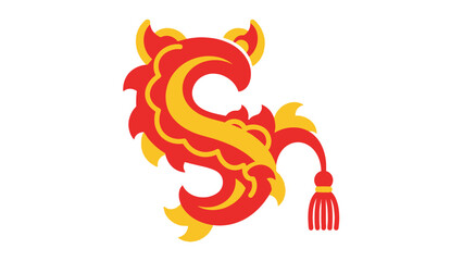 Stylized Red and Yellow Dragon Head with Tassel Illustration.