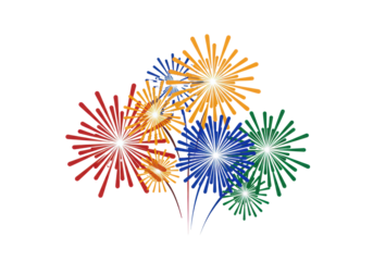 stylized geometric vector fireworks (starbursts, circles) in saturated red, yellow, blue, and green, clustered on a transparent background with maximum copy space. concept for commercial graphic asset