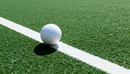 White golf ball on green grass next to a white line. Close up of sport equipment on artificial turf field. Sports background with copy space