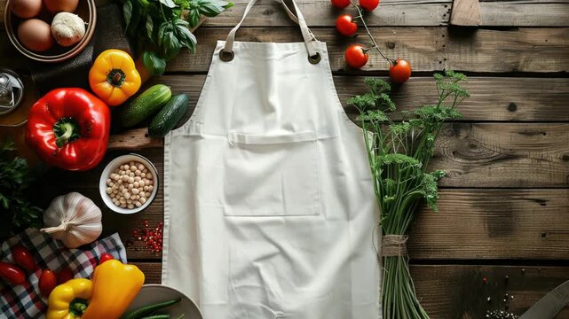 Video A white apron sits on top of a wooden table, perfect for a kitchen or workshop setting