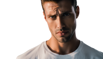 Close-up studio portrait of a serious young man with a furrowed brow and intense gaze