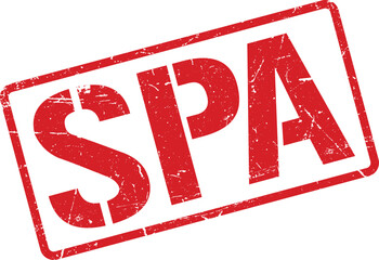 Distressed Red SPA Stamp on White Background Grunge Effect, Angled Text, and Border