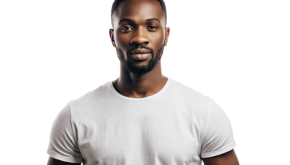 Confident Young Adult Black Man in White T-Shirt Posing Looking Directly at Camera in Studio