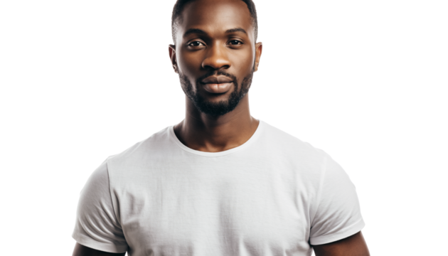Confident Young Adult Black Man in White T-Shirt Posing Looking Directly at Camera in Studio - Powered by Adobe