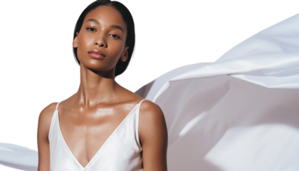 Beautiful woman posing with radiant skin and soft white fabric in studio light