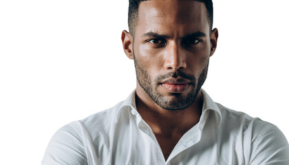 Fototapeta premium Confident and serious man in white shirt, looking intensely at camera in a studio portrait