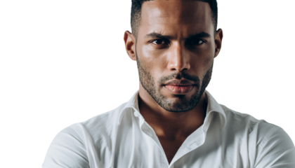 Confident and serious man in white shirt, looking intensely at camera in a studio portrait