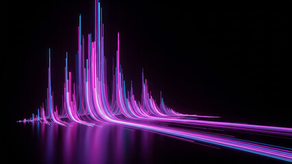 Dynamic abstract data visualization with glowing pink and blue light trails on a dark surface
