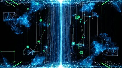 Abstract Digital Network Tunnel With Glowing Blue And Green Lines Against Black Background