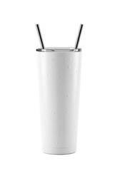 transparent 20 oz stainless steel skinny tumbler mockup with matching straw and clear lid, subtle condensation, high-key studio shot on absolute white. modern product template concept