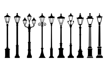 Collection of vintage street lamp silhouettes featuring ornate lamppost designs, classic ironwork details, decorative shapes, and elegant antique elements ideal for retro illustrations, urban design p