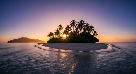 Tropical island paradise with palm trees at sunset, serene ocean landscape with white sandy beach and clear waters, peaceful travel vacation getaway concept