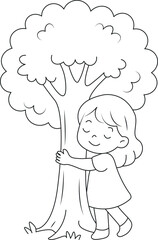 A girl hugging a tree line art vector coloring page