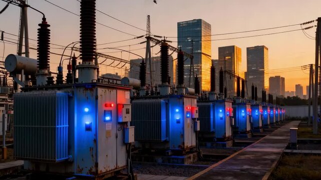 Medium view of an extensive outdoor transformer yard at dusk featuring illuminated panels and numerous voltage regulators set against a city skyline.