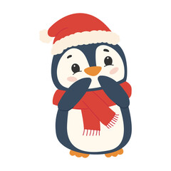 Cute penguin in a red hat Santa  and scarf. Vector illustration.