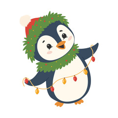 Cute penguin with christmas garland. Vector illustration.