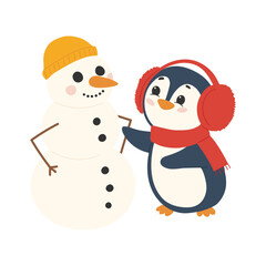 Cute penguin and snowman vector illustration. Cartoon character.