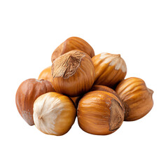 Obraz premium A pile of freshly harvested hazelnuts set against a white isolate background.