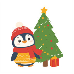 Cute penguin with christmas tree and gift. Vector illustration.