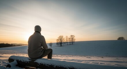 Man sitting on log watching winter sunset over snowy hills. Rear view of person in warm clothing enjoying nature. Solitude and contemplation concept. Copy space