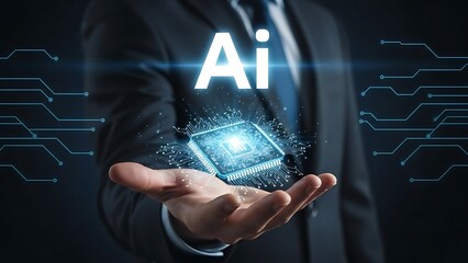 A businessman presents artificial intelligence technology with glowing circuitry and digital data streams