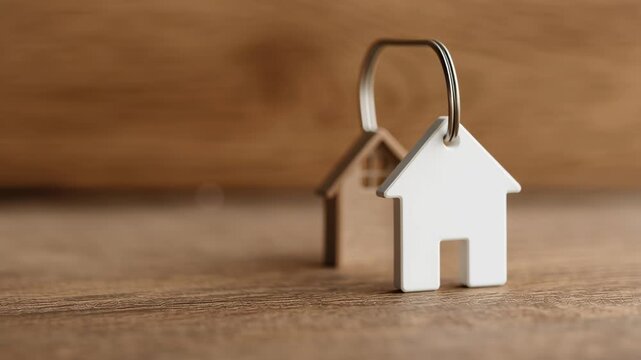 Vacation home insurance, house keychain on a wooden table