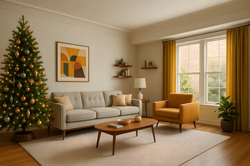 Fototapeta premium Inviting living room with a decorated pine tree and warm glowing lights creating a festive atmosphere for holiday gatherings and cozy evenings at home