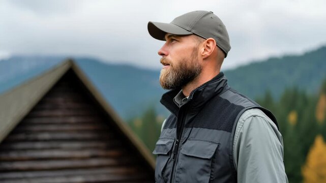 Vacation home insurance, outdoor man in nature with beautiful scenery