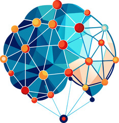 Geometric vector of a stylized, healthy brain with interconnected glowing nodes, cognitive function concept, white background.