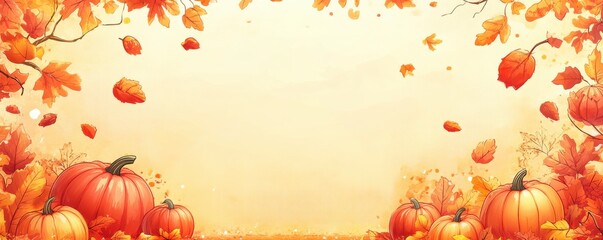 Festive comic-style autumn background with pumpkins and falling leaves on a warm, inviting canvas