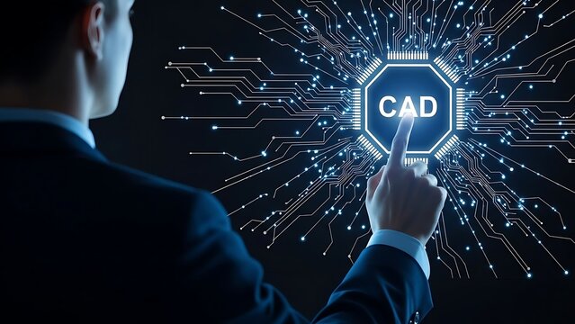 Man interacting with a futuristic cad interface displaying digital circuits and technology concepts - Powered by Adobe