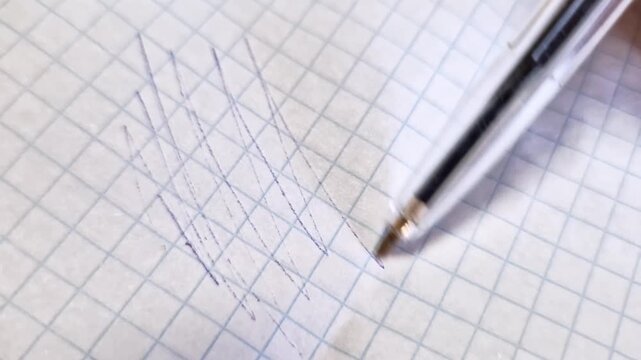 Extreme close-up of a ballpoint pen drawing a series of diagonal lines on white grid paper. The nib applies blue ink to the page, creating a cross-hatching pattern in a student's notebook.